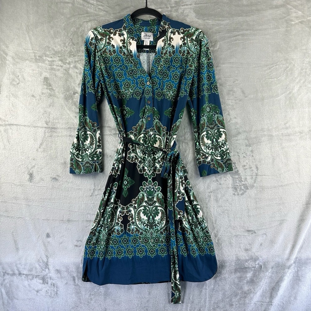 DM Collection Dress Women's 6 Blue Green Floral Pattern V-Neck Long Sleeve